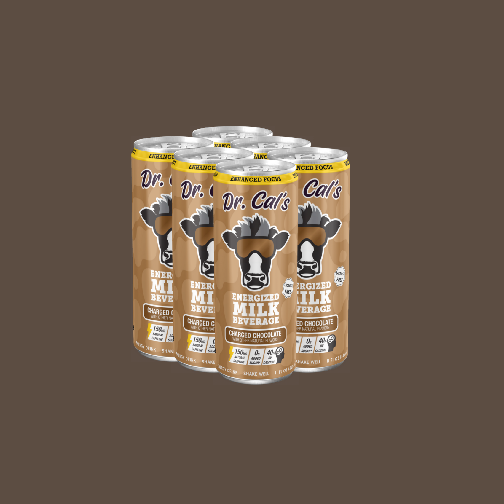 6 pack of Dr. Cal's Energized Milk Charged Chocolate on a dark brown background
