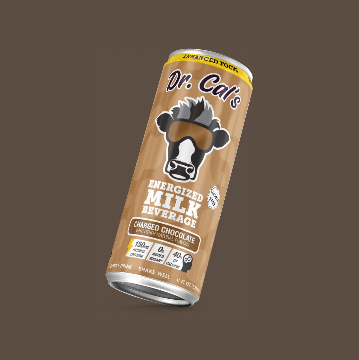 Dr. Cal's Energized Milk Beverage can on a brown background