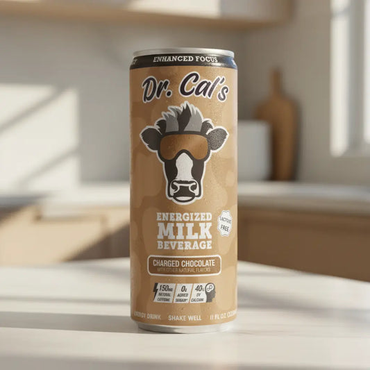 Can of Dr. Cal's Energized Milk Charged Chocolate in a kitchen