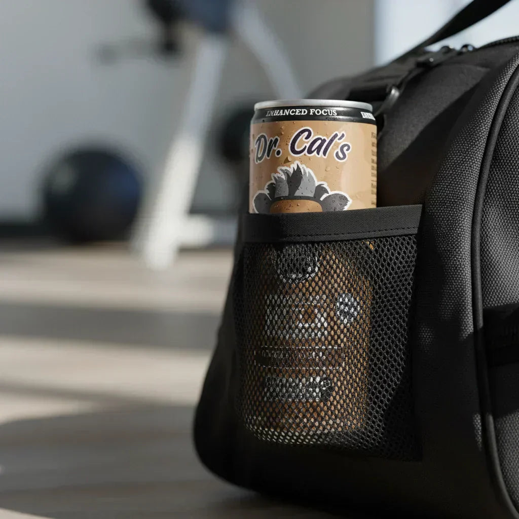 Can of Dr. Cal's Energized Milk Charged Chocolate in a gym bag