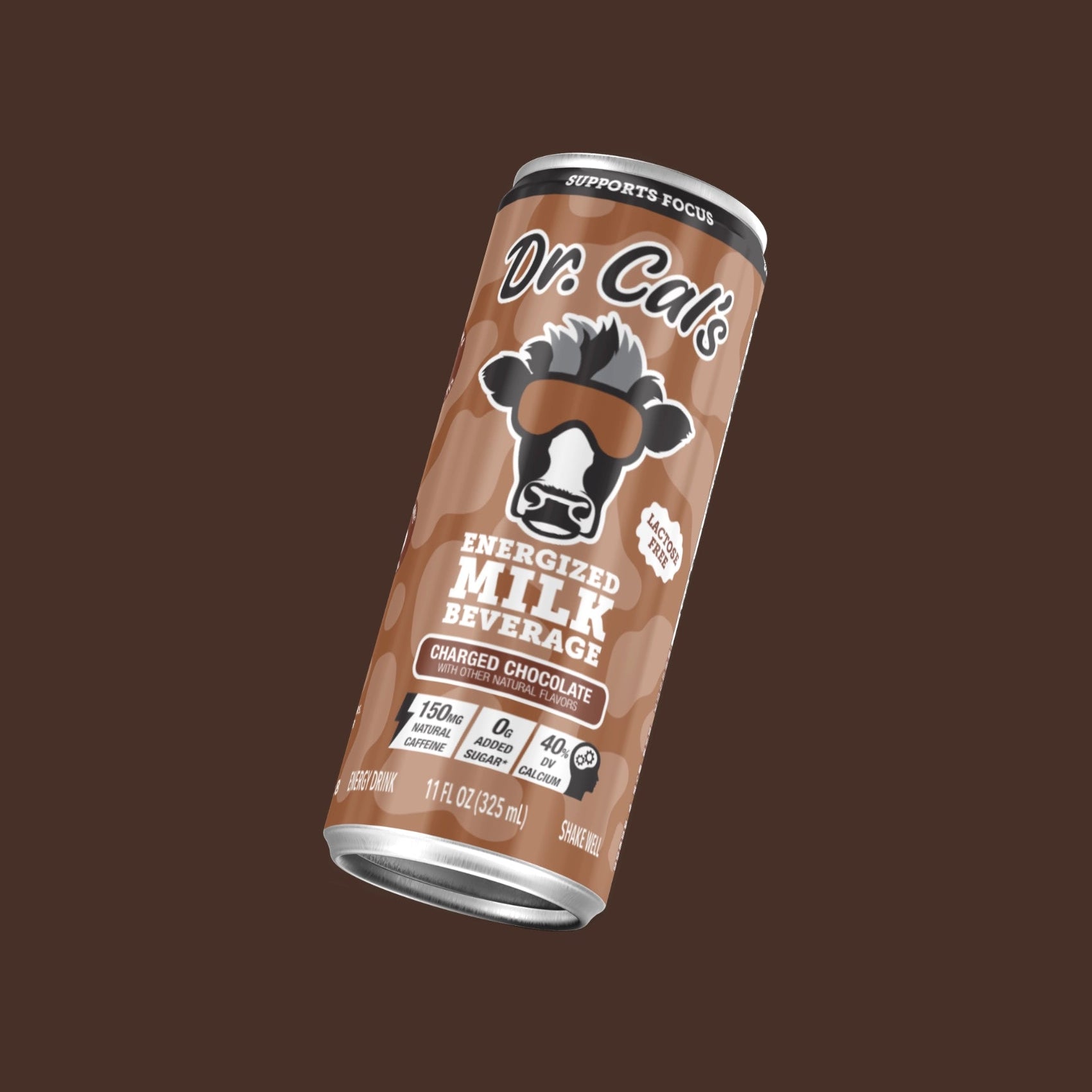 Single can of Dr. Cal's Energized Milk Beverage Charged Chocolate. A chocolate milk energy drink