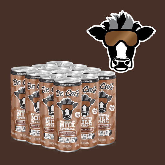 A bundle containing a 12pk of Dr. Cal's Energized Milk Beverage Charged Chocolate and a Dr. Cal's Logo Sticker. A chocolate milk energy drink