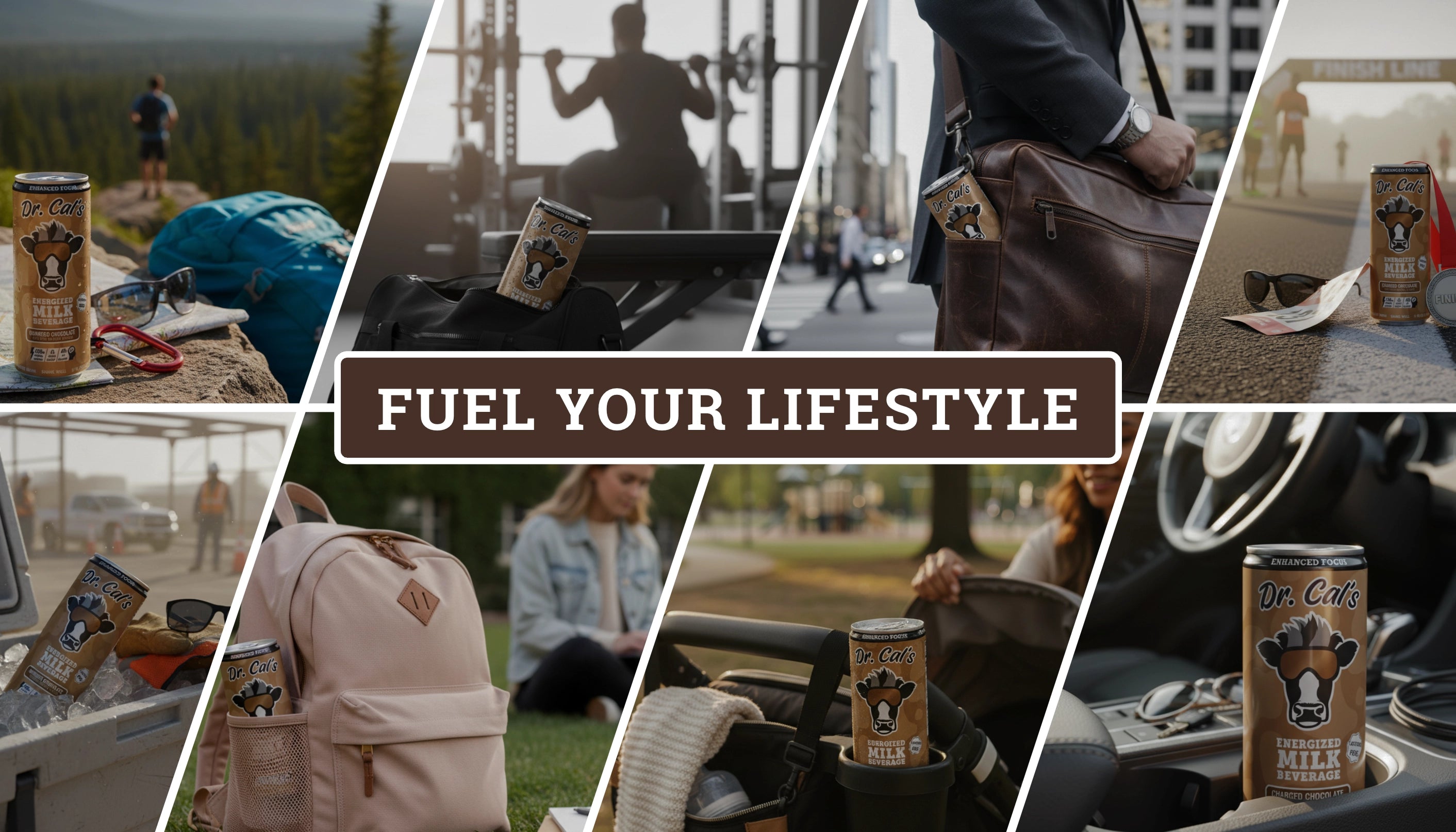 Collage of photos showing Dr. Cal's Charged Chocolate Energized Milk Beverage Chocolate Milk Energy Drink with a banner saying "Fuel Your Lifestyle