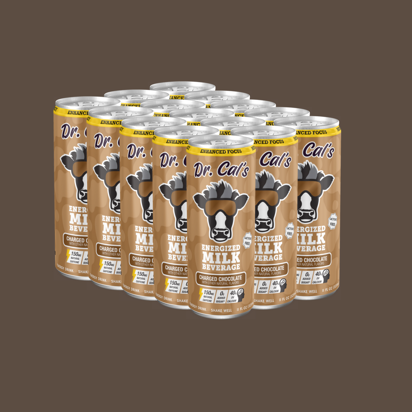 12 pack of Dr. Cal's Energized Milk Charged Chocolate on dark brown background