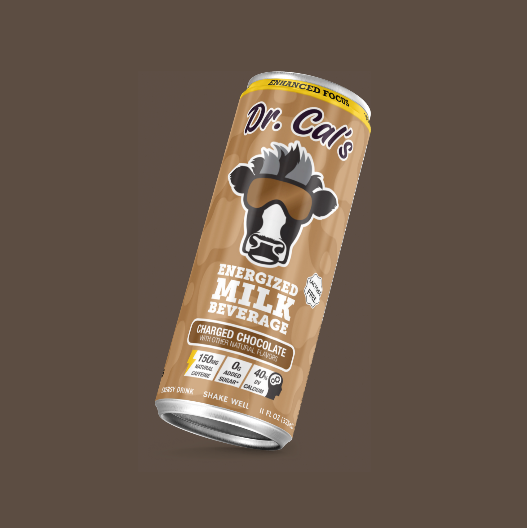 Dr. Cal's Energized Milk Beverage can on a brown background