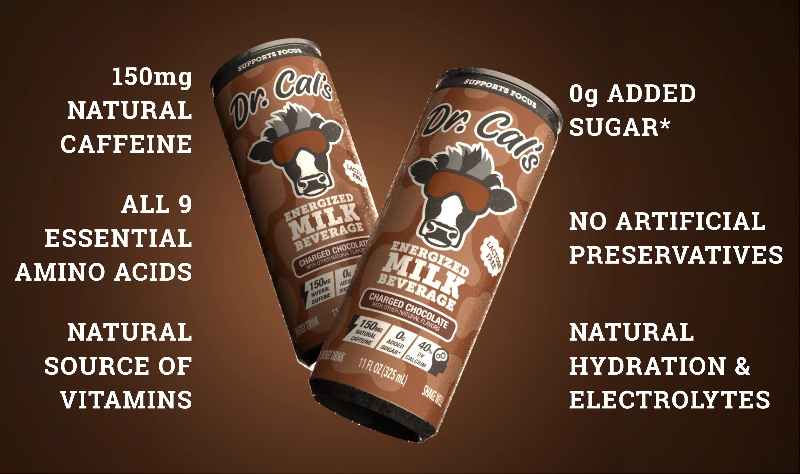 Dr. Cal's Energized Milk Charged Chocolate can on a table in a studio setting surrounded by a clip board, coffee beans, spoons, cocoa powder, and safety goggles. "150mg ORGANIC CAFFEINE" "ALL 9 ESSENTIAL AMINO ACIDS" "NATURAL SOURCE OF VITAMINS" "0g ADDED SUGAR*" "NO ARTIFICIAL PRESERVATIVES" "NATURAL HYDRATION & ELECTROLYTES". A chocolate milk energy drink