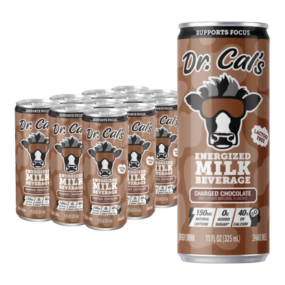 12pk of Dr. Cal's Energized Milk Beverage Charged Chocolate. A chocolate milk energy drink