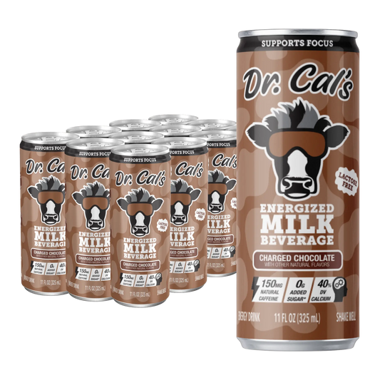 12pk of Dr. Cal's Energized Milk Beverage Charged Chocolate. A chocolate milk energy drink