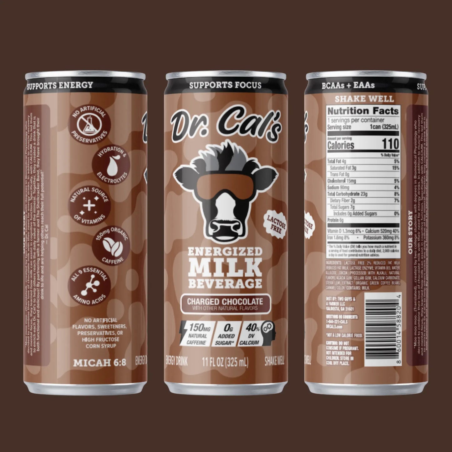 Three cans of Dr. Cal's Energized Milk Beverage on a brown background. The first can shows the left side of the label, the middle shows the front of the label, and the third can shows the right side of the label