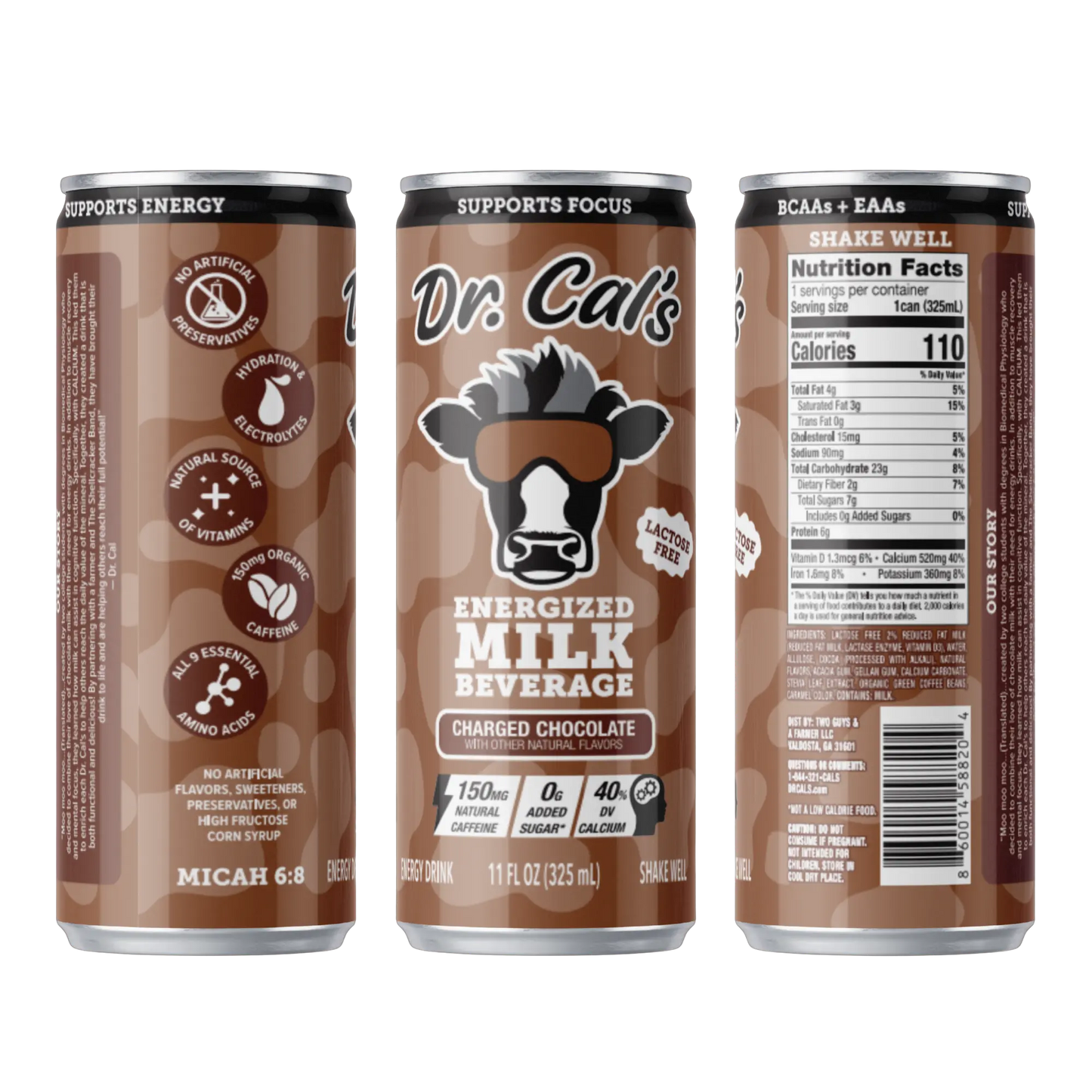 Three cans of Dr. Cal's Energized Milk Beverage on a brown background. The first can shows the left side of the label, the middle shows the front of the label, and the third can shows the right side of the label