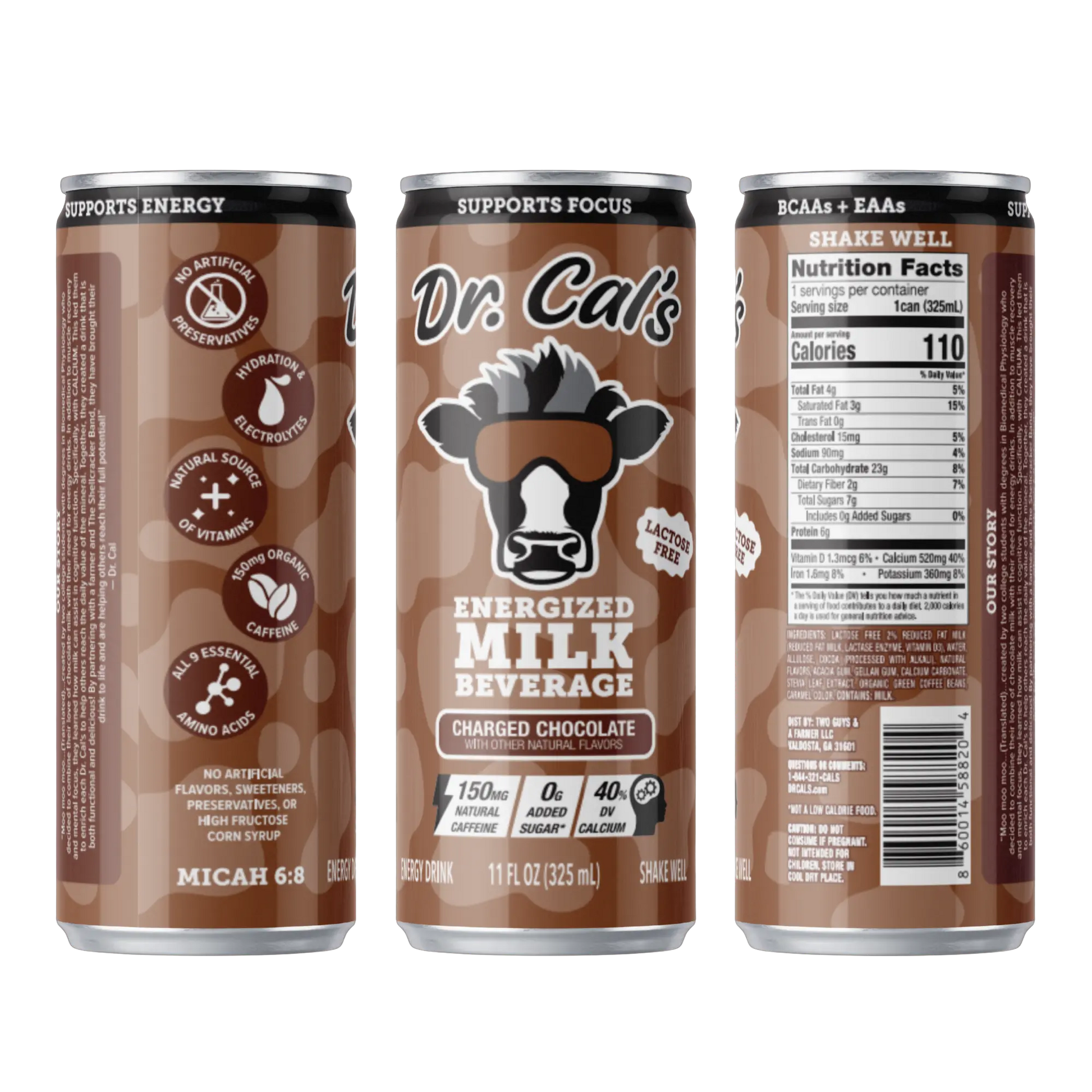 Three cans of Dr. Cal's Energized Milk Beverage on a brown background. The first can shows the left side of the label, the middle shows the front of the label, and the third can shows the right side of the label