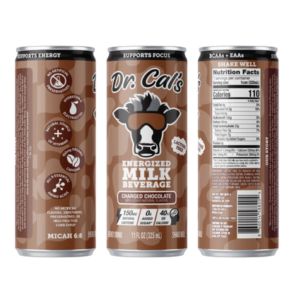 Three cans of Dr. Cal's Energized Milk Beverage on a brown background. The first can shows the left side of the label, the middle shows the front of the label, and the third can shows the right side of the label