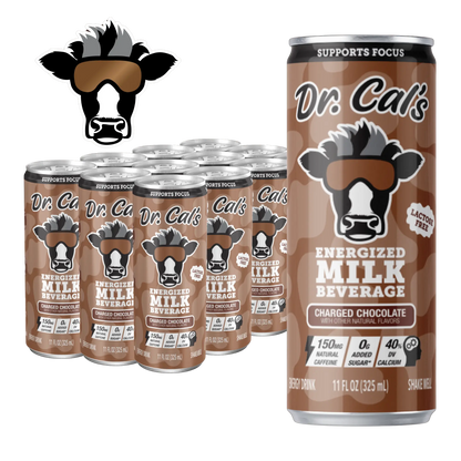 A bundle containing a 12pk of Dr. Cal's Energized Milk Beverage Charged Chocolate and a Dr. Cal's Logo Sticker. A chocolate milk energy drink