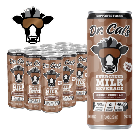 A bundle containing a 12pk of Dr. Cal's Energized Milk Beverage Charged Chocolate and a Dr. Cal's Logo Sticker. A chocolate milk energy drink